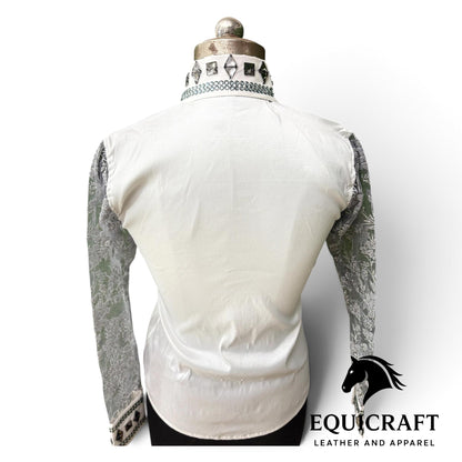 White Ivory Show Shirt, Lace Sleeve Rhinestone Bling, Smoke Crystal Horse Show Top, Western Showmanship Shirt
