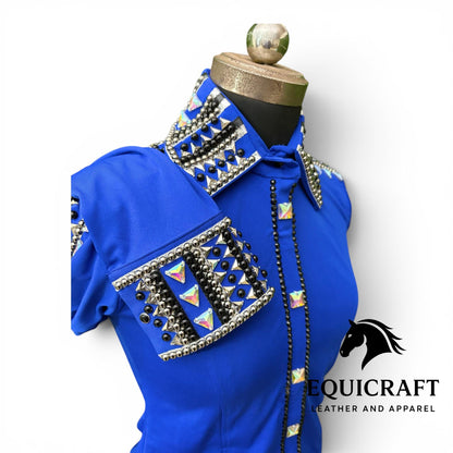 Royal Blue Western Show Shirt – AB Crystal Silver Stud Women's Rodeo Queen Top | Showmanship Horsemanship Equestrian