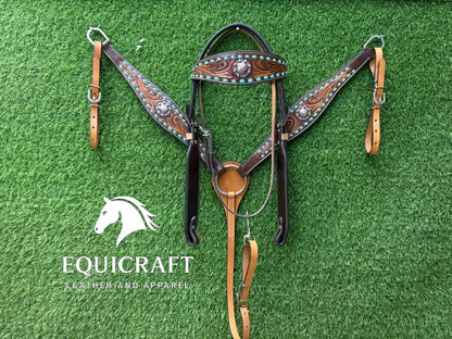 Turquoise Stone Tooled Leather Western Headstall & Breast Collar Set – Silver Concho Horse Tack | Barrel Racing Rodeo