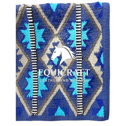 Navy Blue Turquoise Wool Western Saddle Blanket – Aztec Diamond Show Blanket | Horse Pad Barrel Racing Rodeo Tack