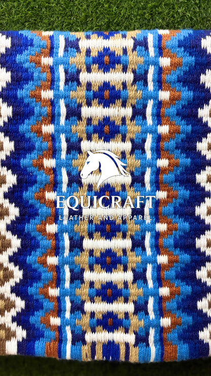 Western Show Saddle Pad | Royal Blue Rust Tan White Wool Blanket | Hand-Woven Southwestern Horse Saddle Pad | Trail Pad Equestrian Gift