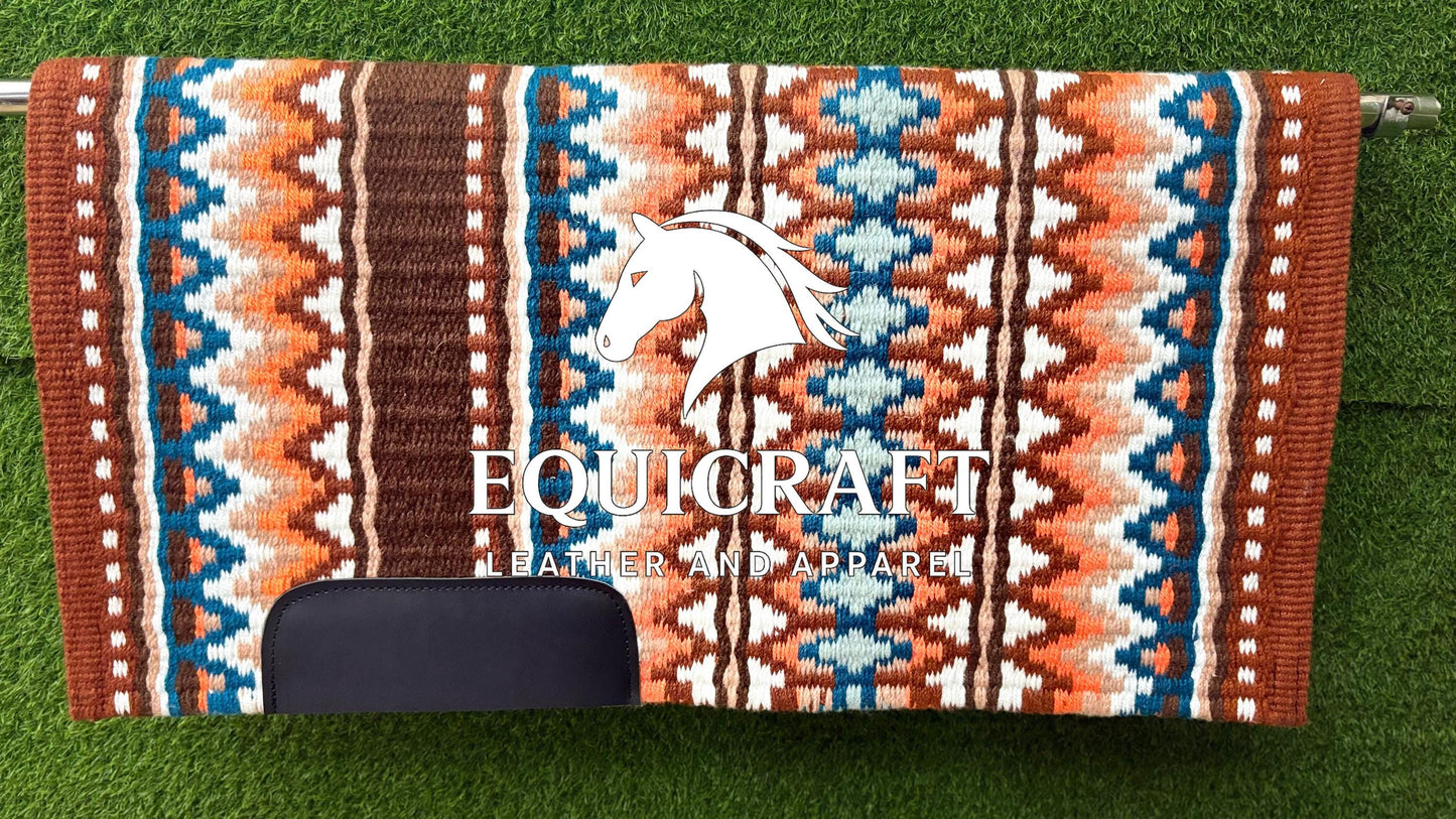 Western Saddle Pad | Brown Orange Teal Aztec Wool Horse Blanket | Show Saddle Pad | Trail Riding Pad | Reining Pad | Quarter Horse Pad