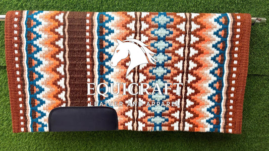 Western Saddle Pad | Brown Orange Teal Aztec Wool Horse Blanket | Show Saddle Pad | Trail Riding Pad | Reining Pad | Quarter Horse Pad