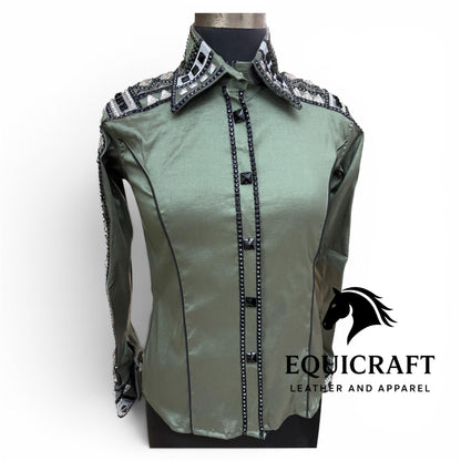 Green Western Show Shirt | Women's Rodeo Equestrian Apparel with Crystal Embellishments