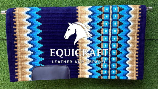 Aztec Western Show Saddle Pad | Navy Blue Turquoise Tan Wool Blanket | Hand-Woven Southwestern Horse Saddle Pad | Trail Pad Equestrian Gift