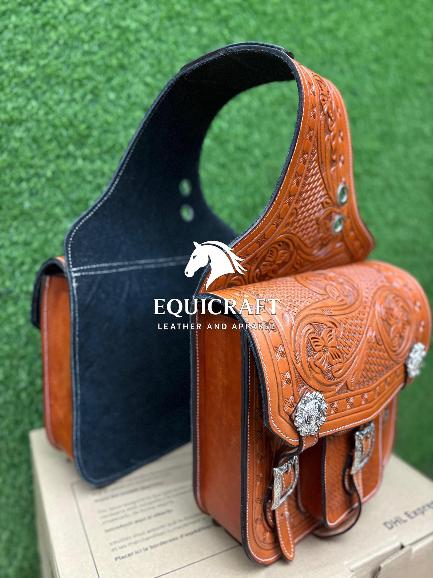 Hand Tooled Leather Western Saddle Bag – Floral Basket Weave Horse Trail Bag | Silver Concho Cowboy Riding Tack