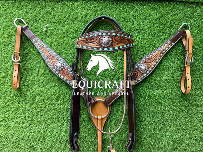 Turquoise Stone Tooled Leather Western Headstall & Breast Collar Set – Silver Concho Horse Tack | Barrel Racing Rodeo