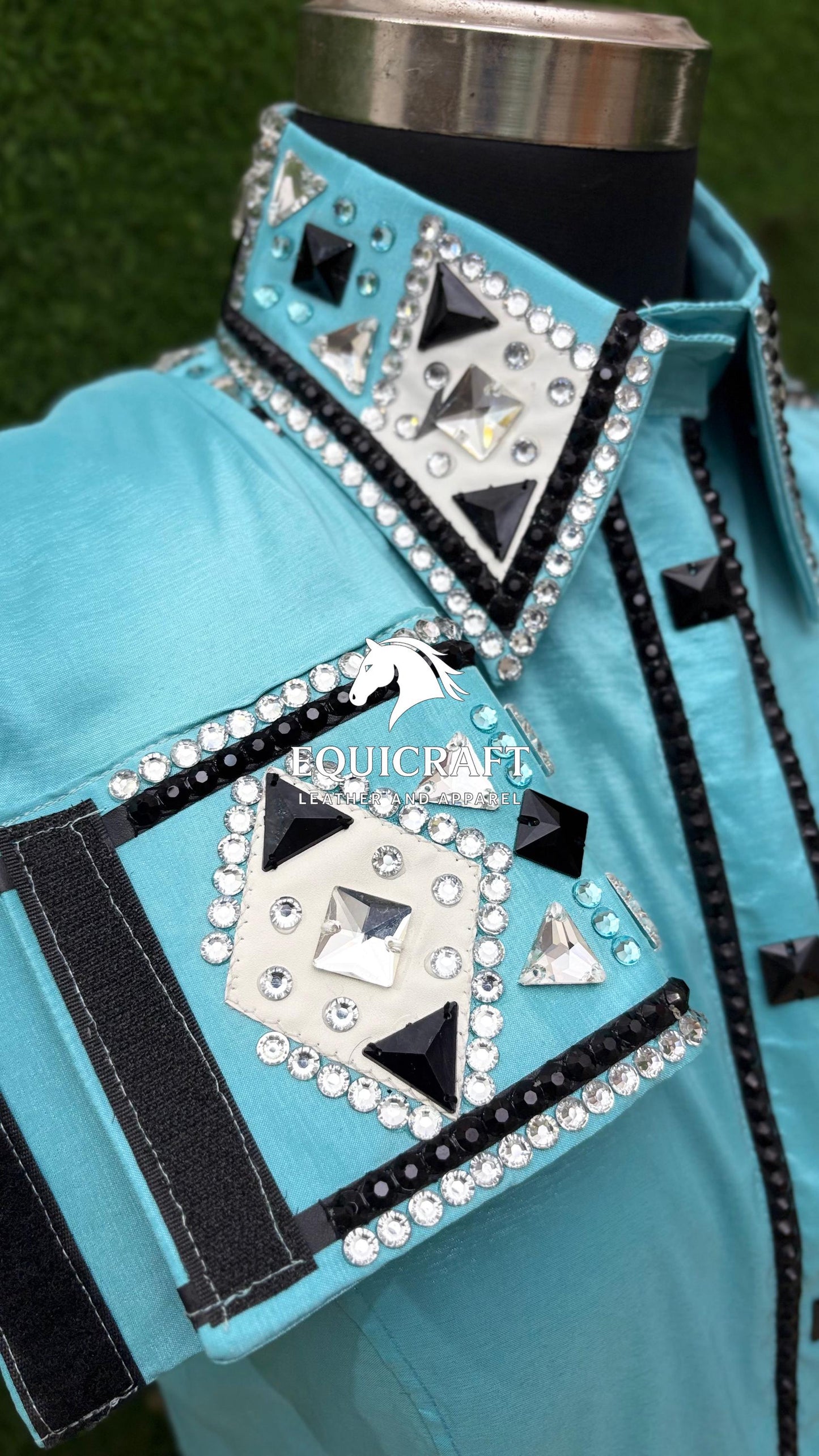 Womens Western Show Shirt | Mint Aqua Black Silver Rhinestone Mirror Showmanship Shirt | Ladies Rodeo Queen Blouse | Horse Show Shirt Gift
