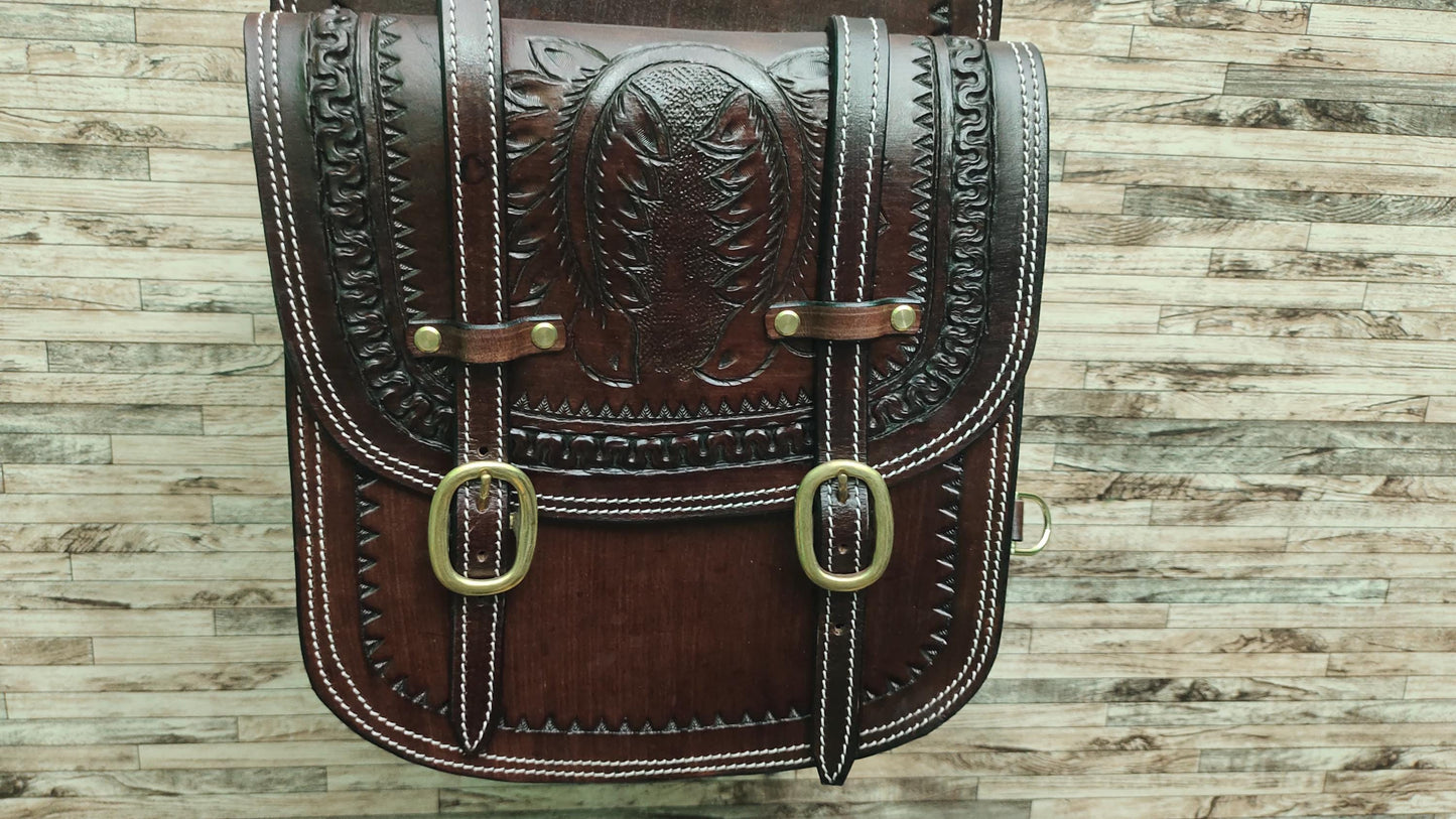 Dark Brown Tooled Leather Western Saddle Bag – Horseshoe Carved Zigzag Border Double Buckle Horse Trail Tack