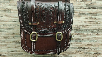 Dark Brown Tooled Leather Western Saddle Bag – Horseshoe Carved Zigzag Border Double Buckle Horse Trail Tack