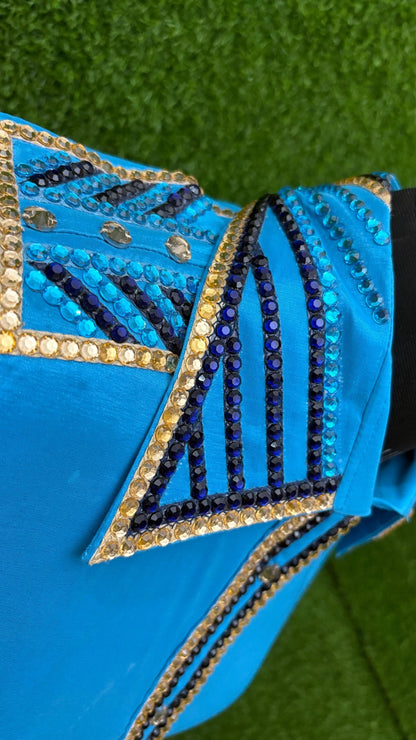Womens Western Show Shirt | Turquoise Blue Gold Rhinestone Showmanship Shirt | Ladies Crystal Sleeve Rodeo Queen Blouse | Horse Show Shirt