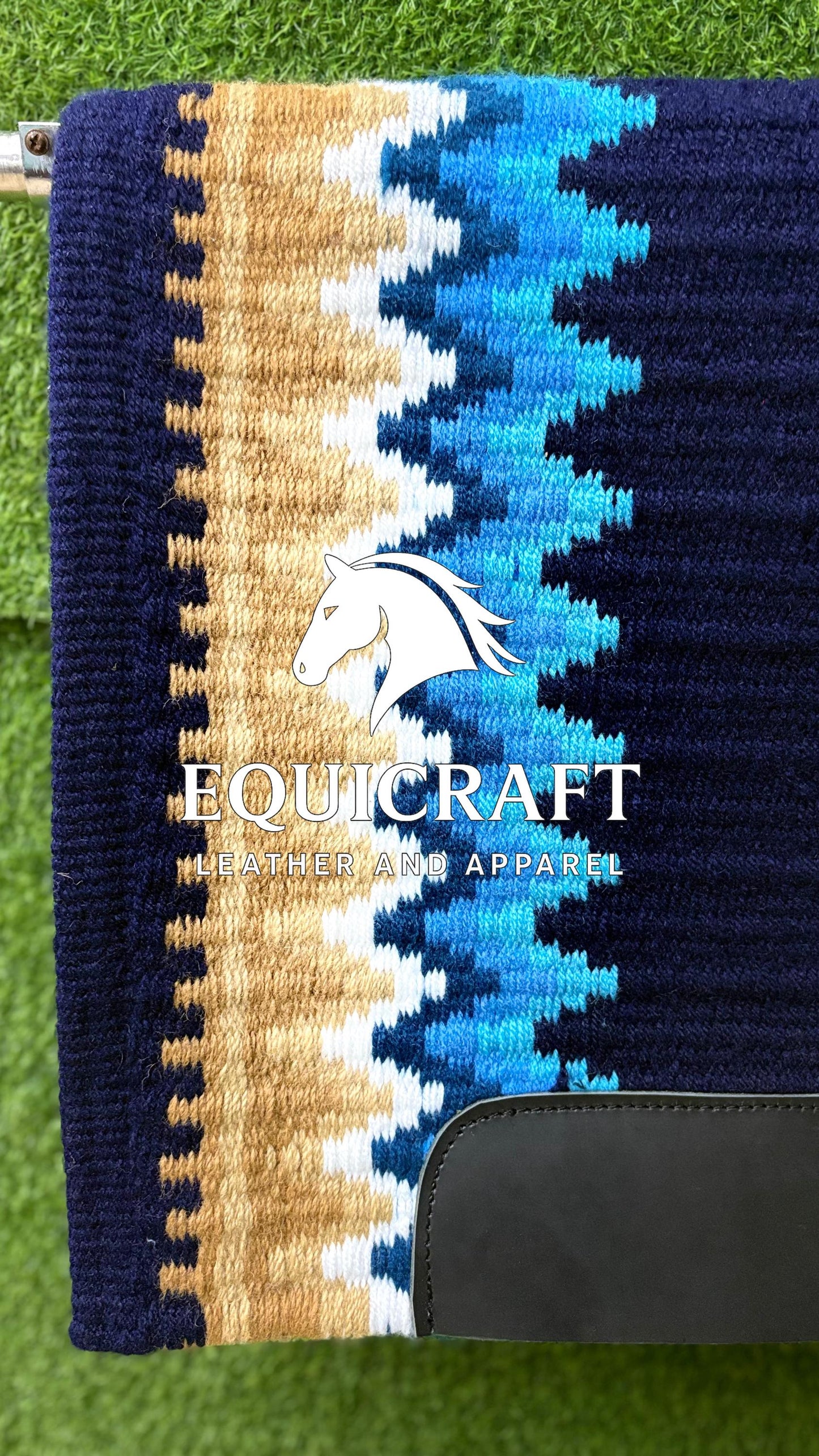 Aztec Western Show Saddle Pad | Navy Blue Turquoise Tan Wool Blanket | Hand-Woven Southwestern Horse Saddle Pad | Trail Pad Equestrian Gift