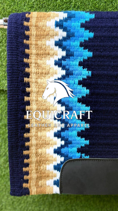 Aztec Western Show Saddle Pad | Navy Blue Turquoise Tan Wool Blanket | Hand-Woven Southwestern Horse Saddle Pad | Trail Pad Equestrian Gift
