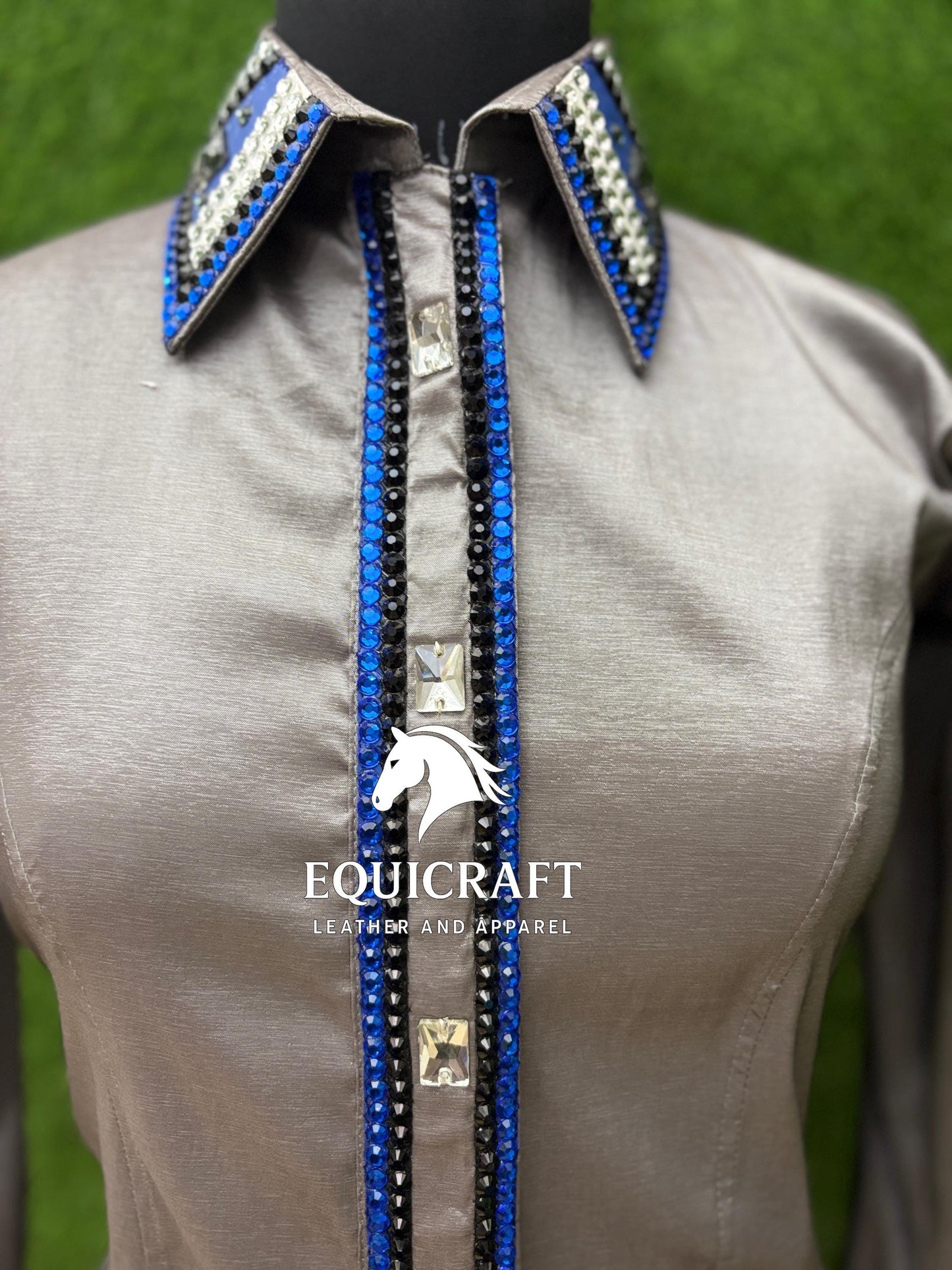 Womens Western Show Shirt | Silver Blue Black Rhinestone Crystal Showmanship Shirt | Ladies Rodeo Queen Blouse | Horse Show Shirt
