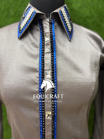 Womens Western Show Shirt | Silver Blue Black Rhinestone Crystal Showmanship Shirt | Ladies Rodeo Queen Blouse | Horse Show Shirt