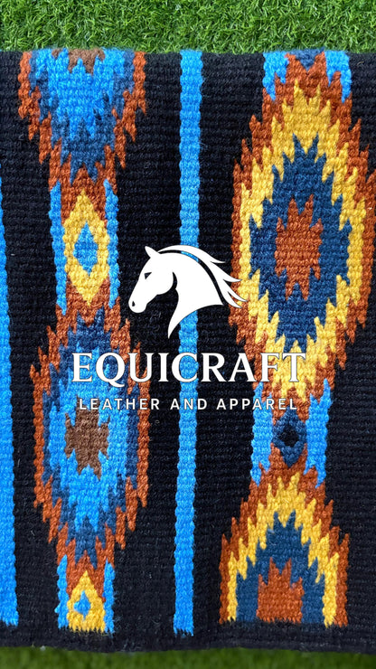 Western Saddle Pad | Black Blue Yellow Aztec Wool Horse Blanket | Show Saddle Pad | Trail Riding Pad | Reining Pad | Quarter Horse Pad