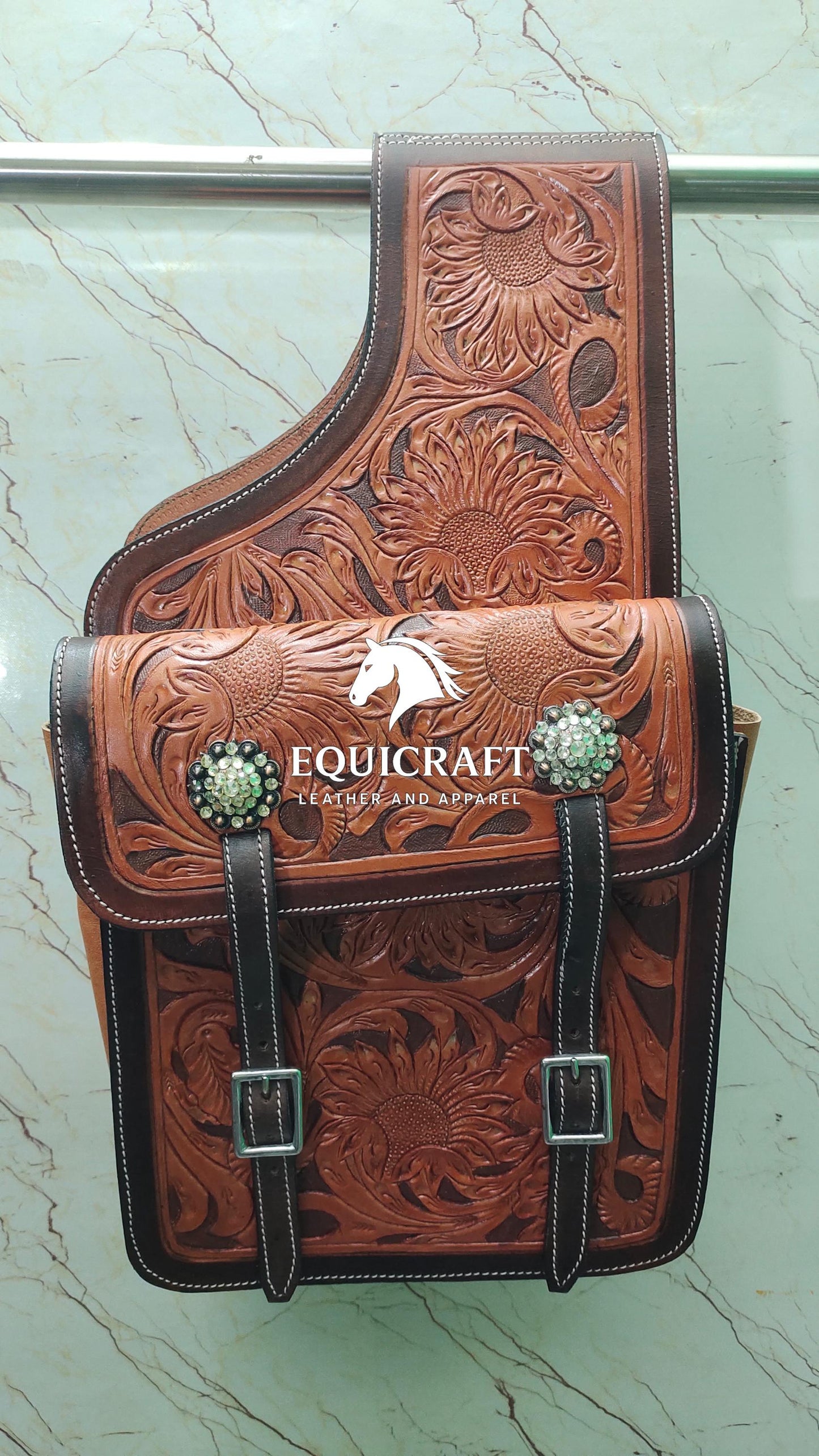 Two Tone Sunflower Tooled Leather Western Saddle Bag – Crystal Concho Double Buckle Horse Trail Tack