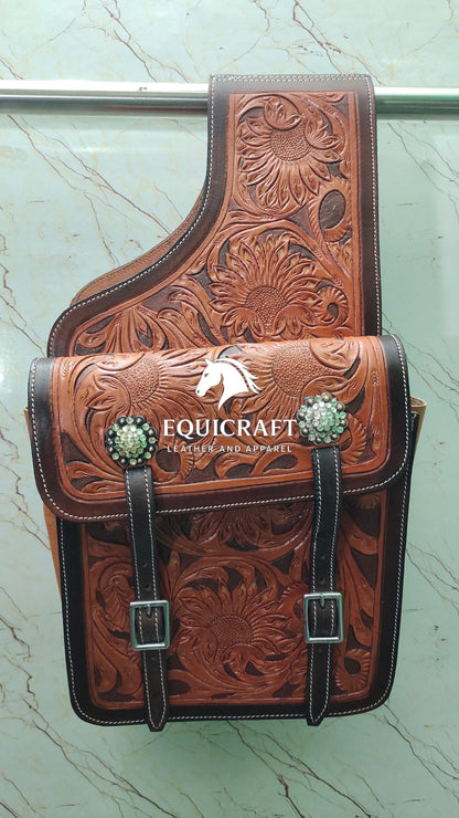 Two Tone Sunflower Tooled Leather Western Saddle Bag – Crystal Concho Double Buckle Horse Trail Tack