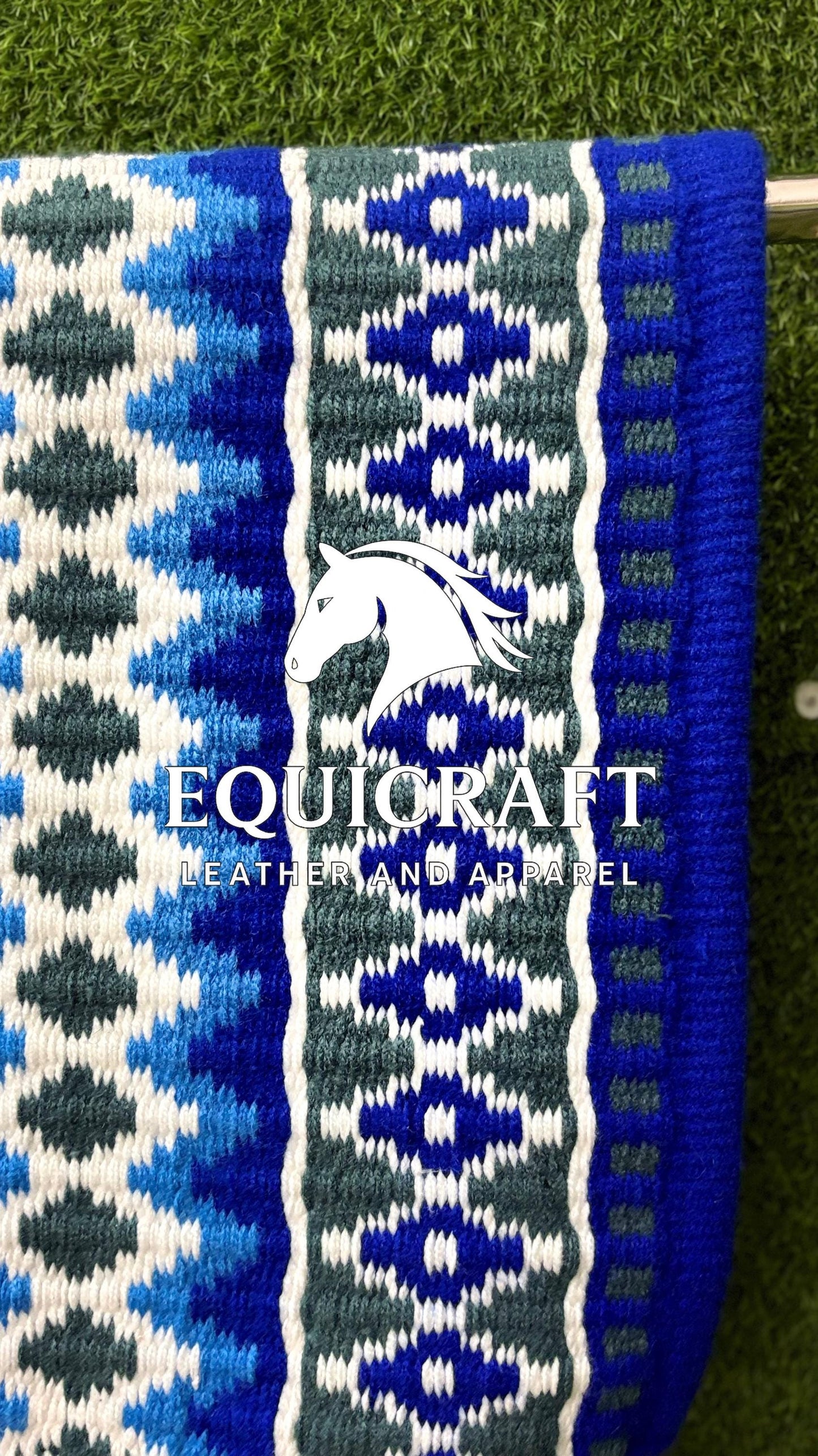 Western Show Saddle Pad | Royal Blue Teal Green White Wool Blanket | Hand-Woven Southwestern Horse Saddle Pad | Trail Pad
