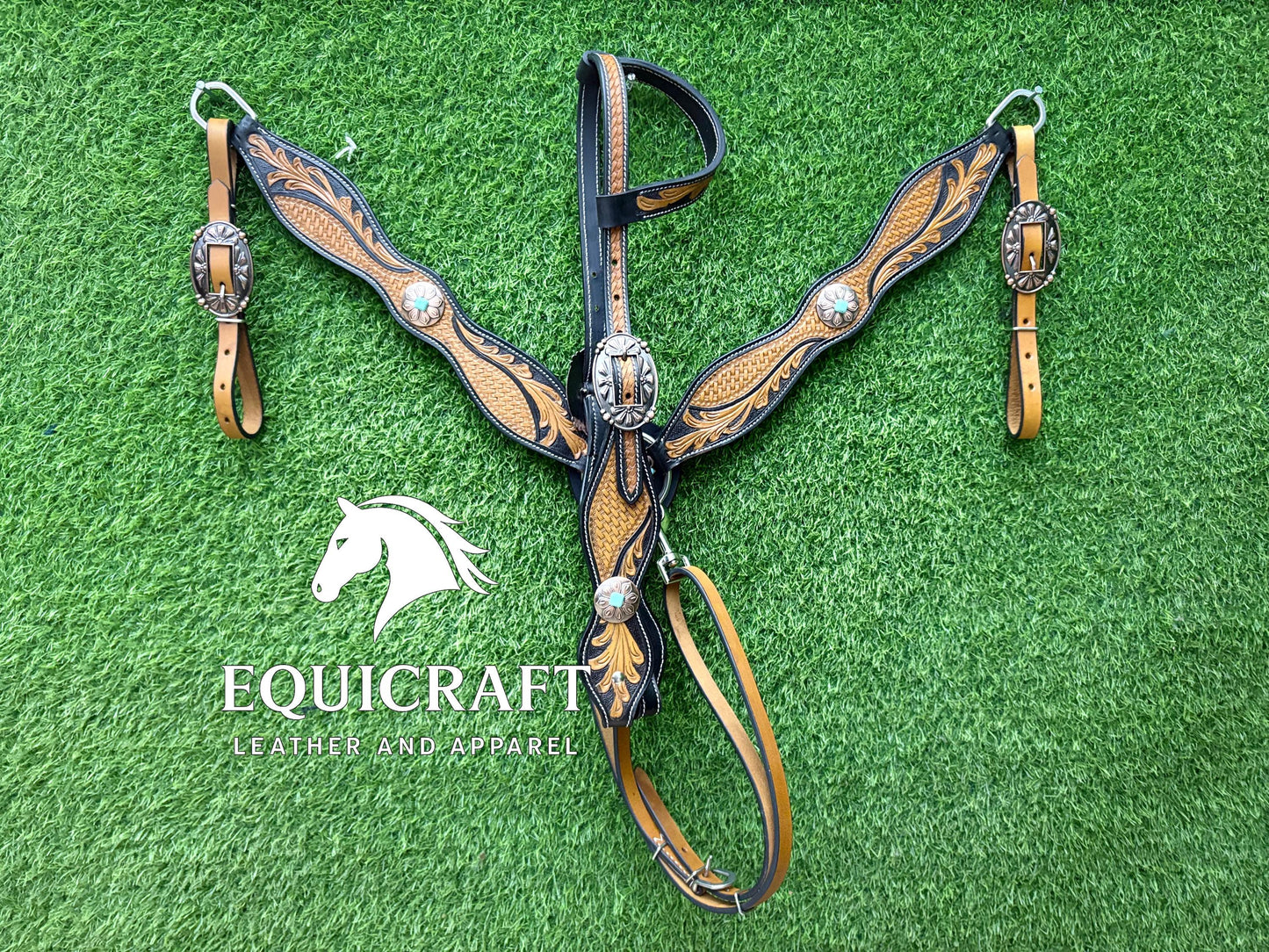 Two Tone Tooled Leather Western Breast Collar – Turquoise Concho Floral Carved Horse Tack | Barrel Racing Rodeo Gear