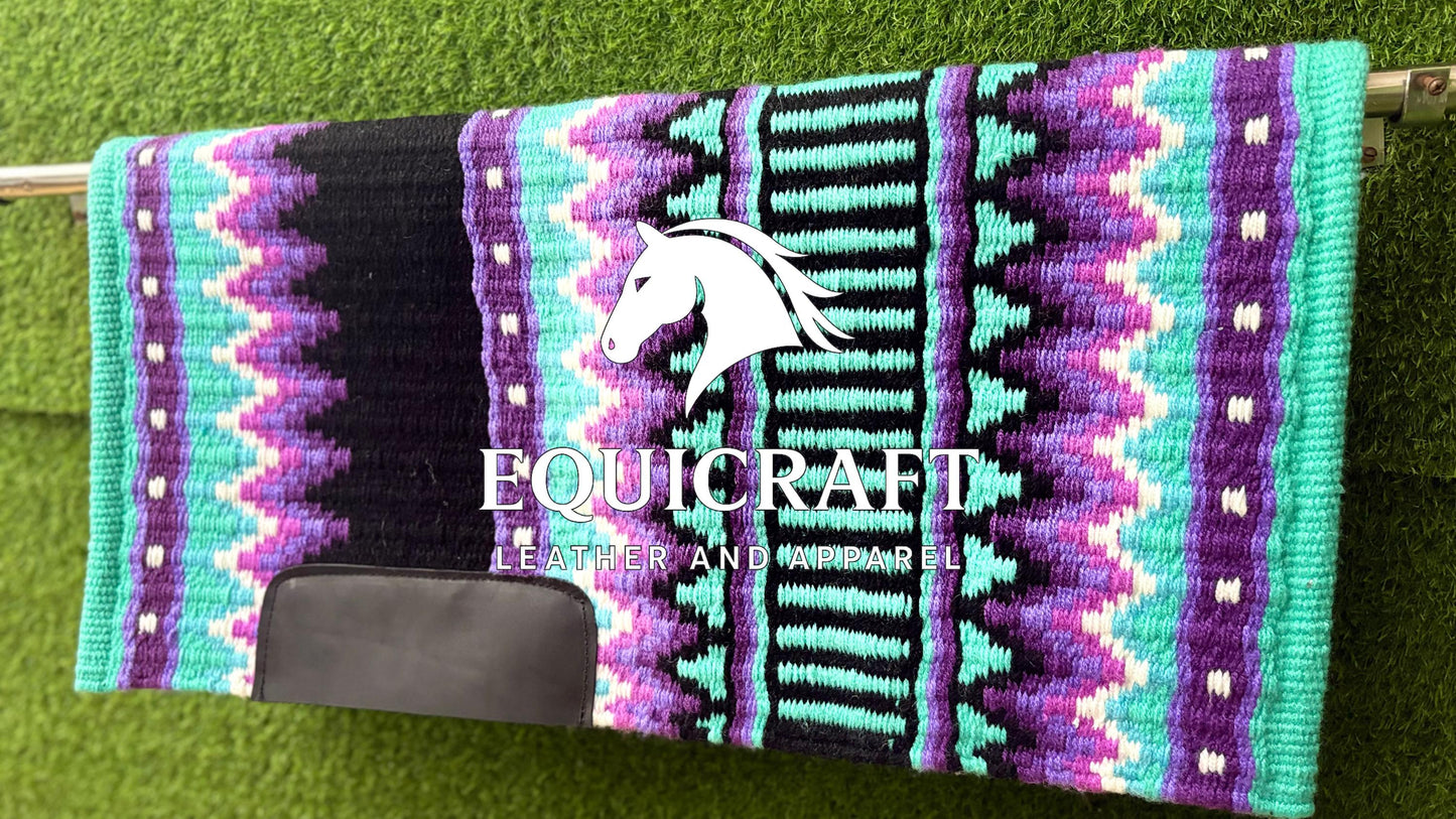 Aztec Western Show Saddle Pad | Teal Purple Pink Black Wool Blanket | Hand-Woven Southwestern Horse Saddle Pad | Barrel Racing Pad