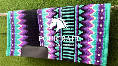 Aztec Western Show Saddle Pad | Teal Purple Pink Black Wool Blanket | Hand-Woven Southwestern Horse Saddle Pad | Barrel Racing Pad