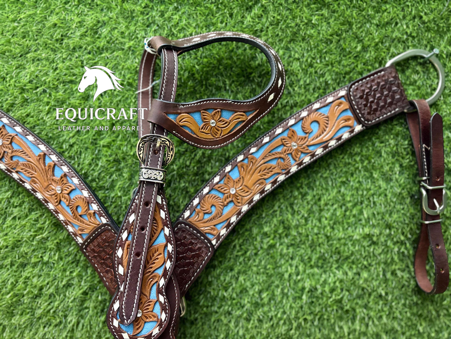 Two Tone Turquoise Inlay Tooled Leather One Ear Headstall and Breast Collar – Floral Carved Western Horse Tack | Barrel Racing Rodeo Gear