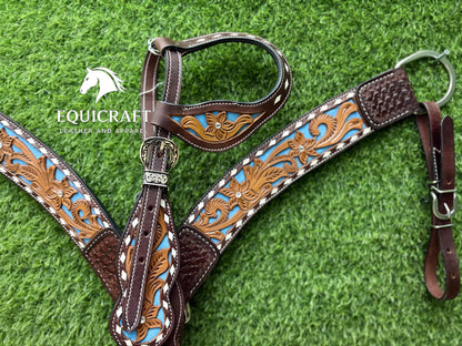 Two Tone Turquoise Inlay Tooled Leather One Ear Headstall and Breast Collar – Floral Carved Western Horse Tack | Barrel Racing Rodeo Gear