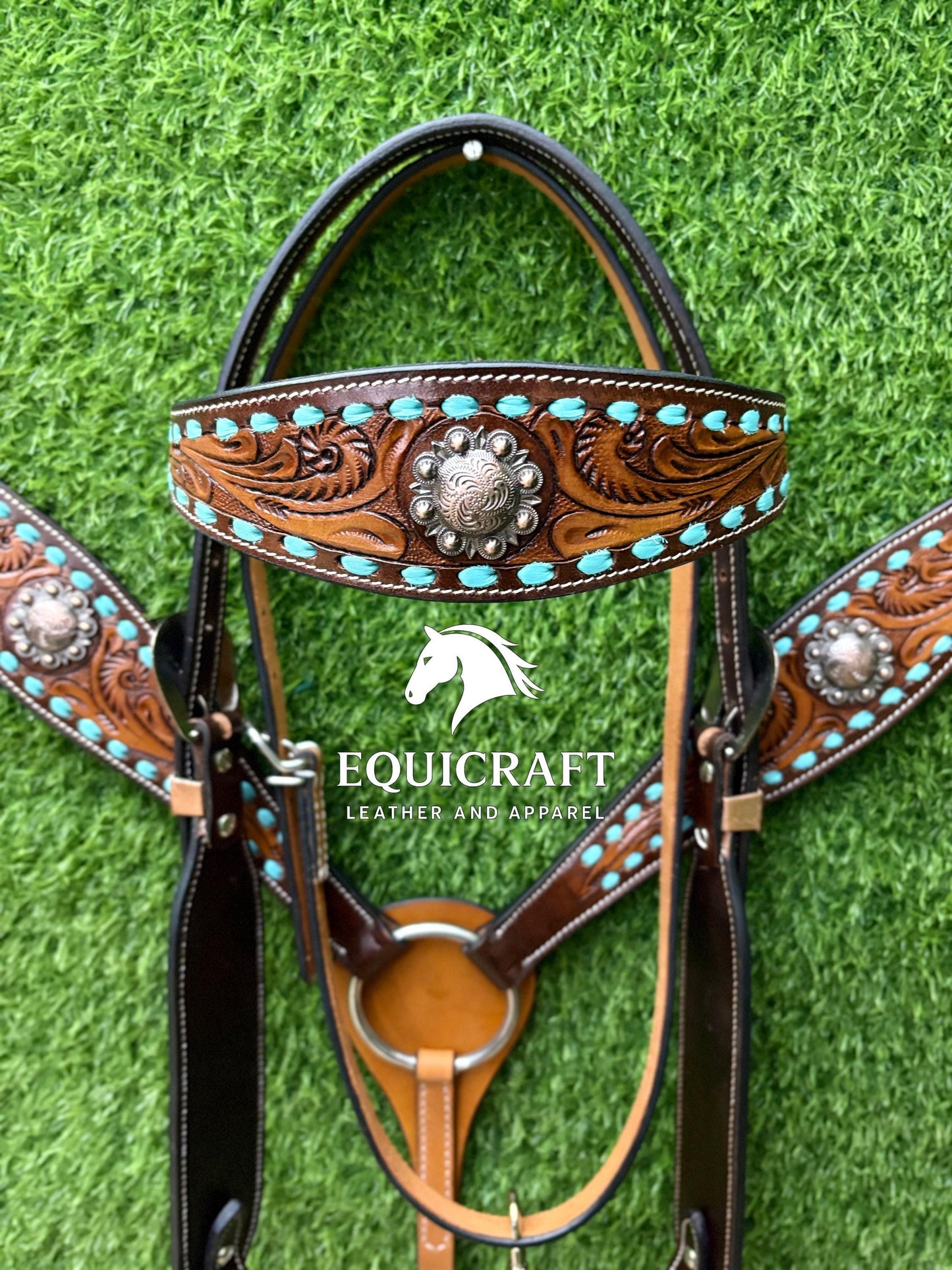 Turquoise Stone Tooled Leather Western Headstall & Breast Collar Set – Silver Concho Horse Tack | Barrel Racing Rodeo