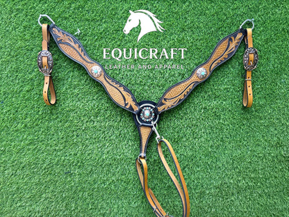 Two Tone Tooled Leather Western Breast Collar – Turquoise Concho Floral Carved Horse Tack | Barrel Racing Rodeo Gear