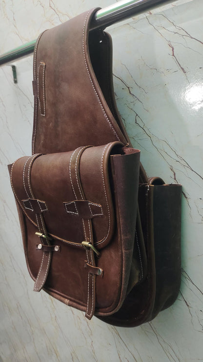 Dark Brown Oiled Leather Western Saddle Bag – Double Buckle Large Horse Trail Bag | Brass Hardware Cowboy Tack