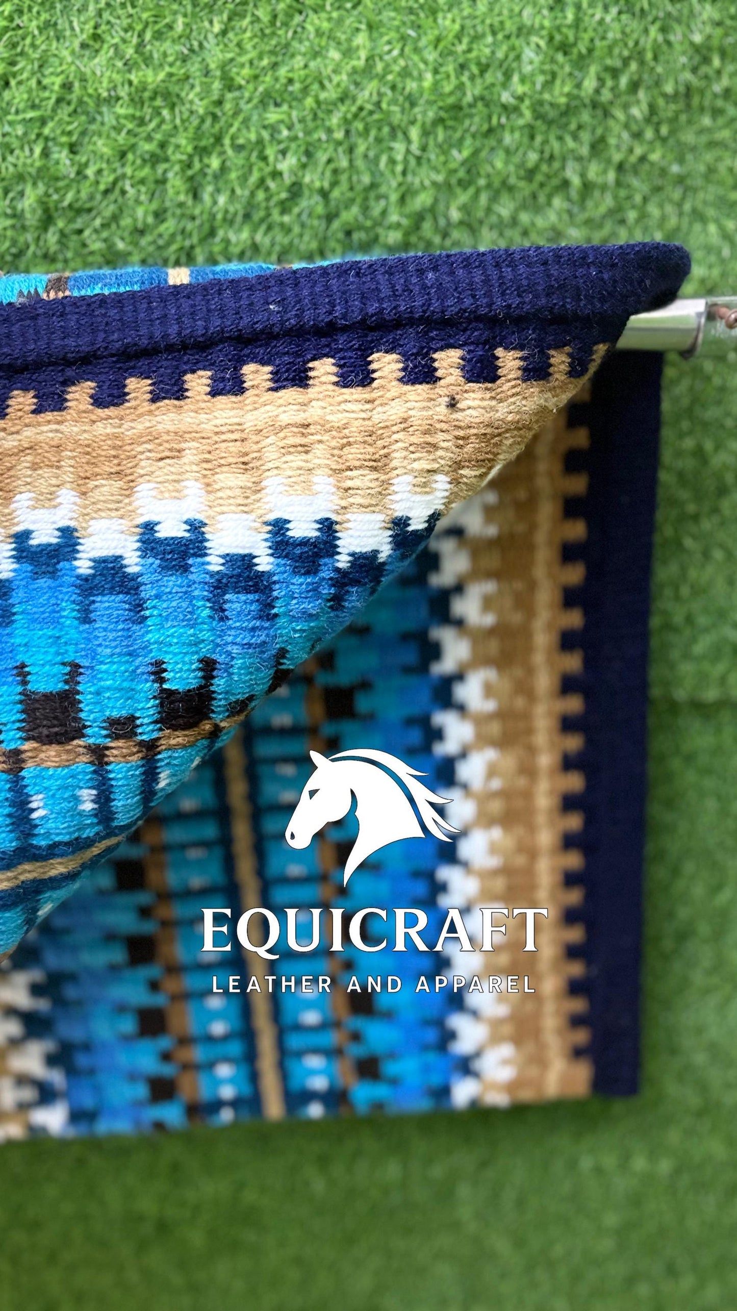 Aztec Western Show Saddle Pad | Navy Blue Turquoise Tan Wool Blanket | Hand-Woven Southwestern Horse Saddle Pad | Trail Pad Equestrian Gift