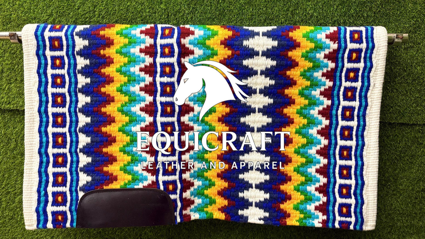 Western Show Saddle Pad | White Rainbow Multicolor Wool Blanket | Hand-Woven Southwestern Horse Saddle Pad | Colorful Show Pad