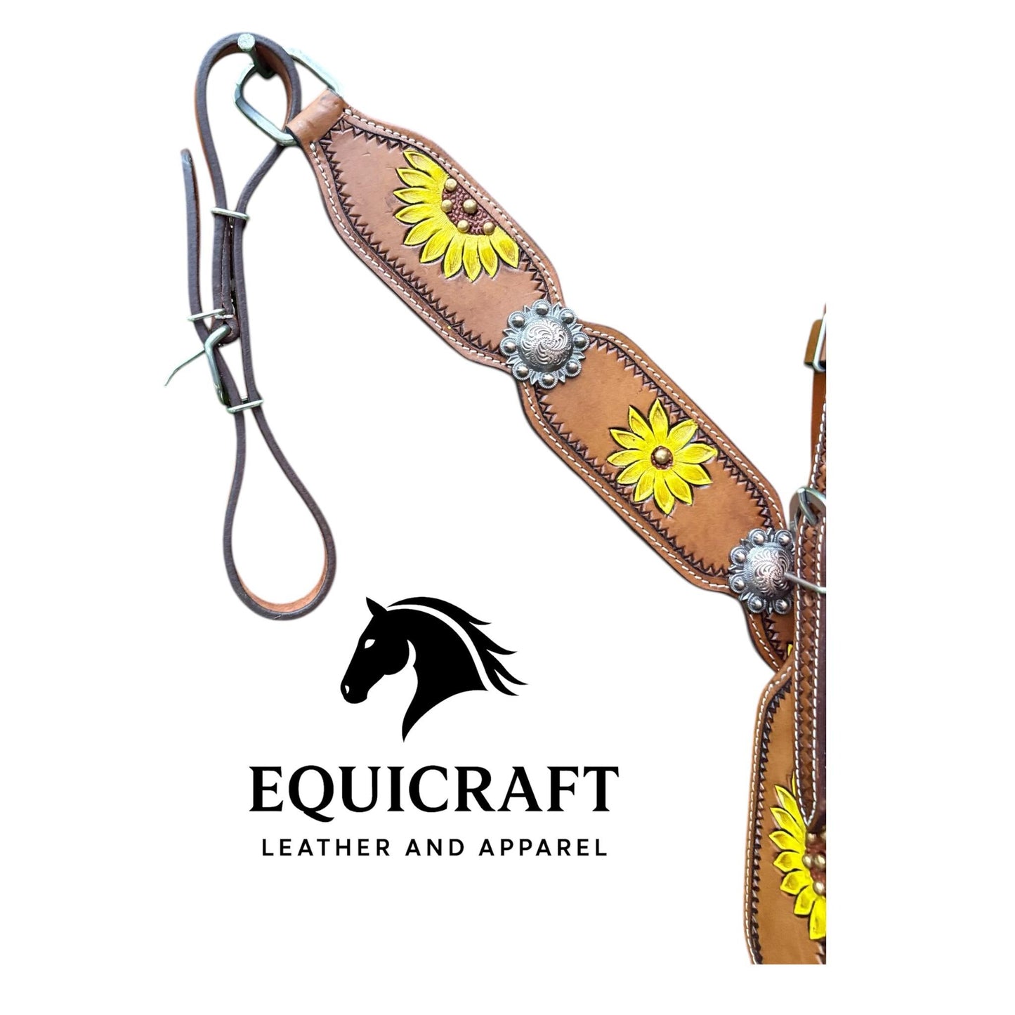 Sunflower Painted Leather Western Headstall & Breast Collar Set – Silver Concho Horse Tack | Barrel Racing Rodeo Gear
