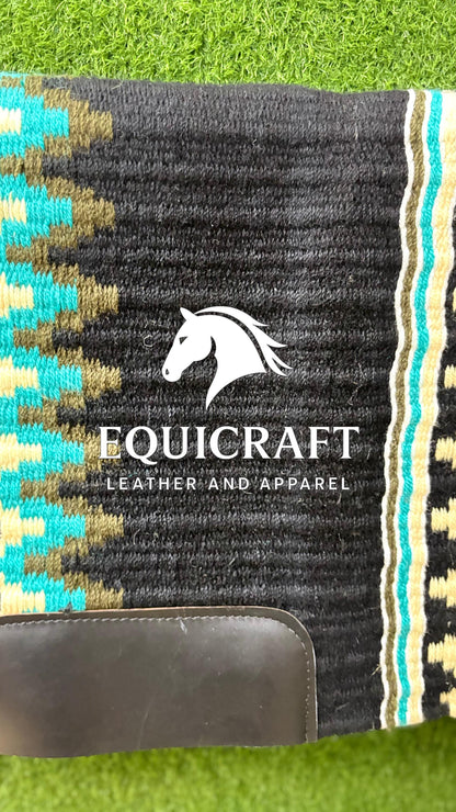 Western Show Saddle Pad | Black Turquoise Olive Cream Wool Blanket | Hand-Woven Southwestern Horse Saddle Pad | Show Trail Pad