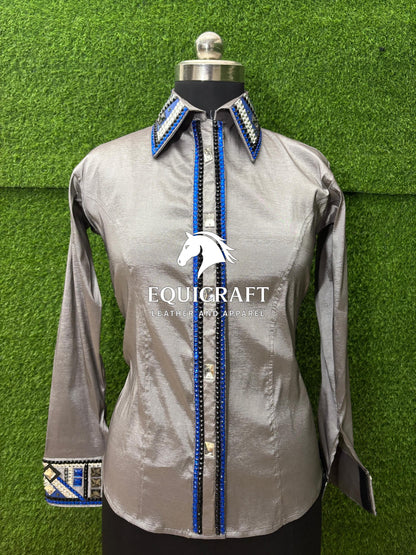 Womens Western Show Shirt | Silver Blue Black Rhinestone Crystal Showmanship Shirt | Ladies Rodeo Queen Blouse | Horse Show Shirt