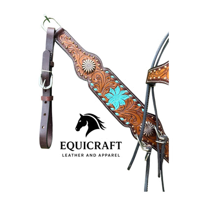 Turquoise Flower Tooled Leather Headstall & Breast Collar Set – Silver Concho Western Horse Tack | Barrel Racing Rodeo