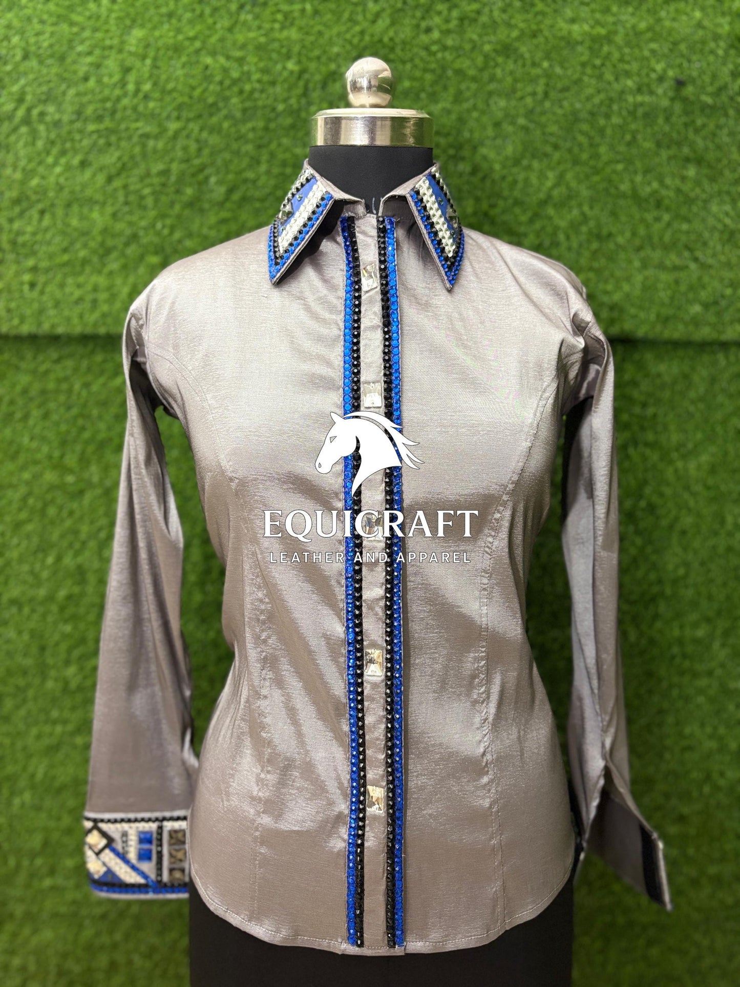 Womens Western Show Shirt | Silver Blue Black Rhinestone Crystal Showmanship Shirt | Ladies Rodeo Queen Blouse | Horse Show Shirt