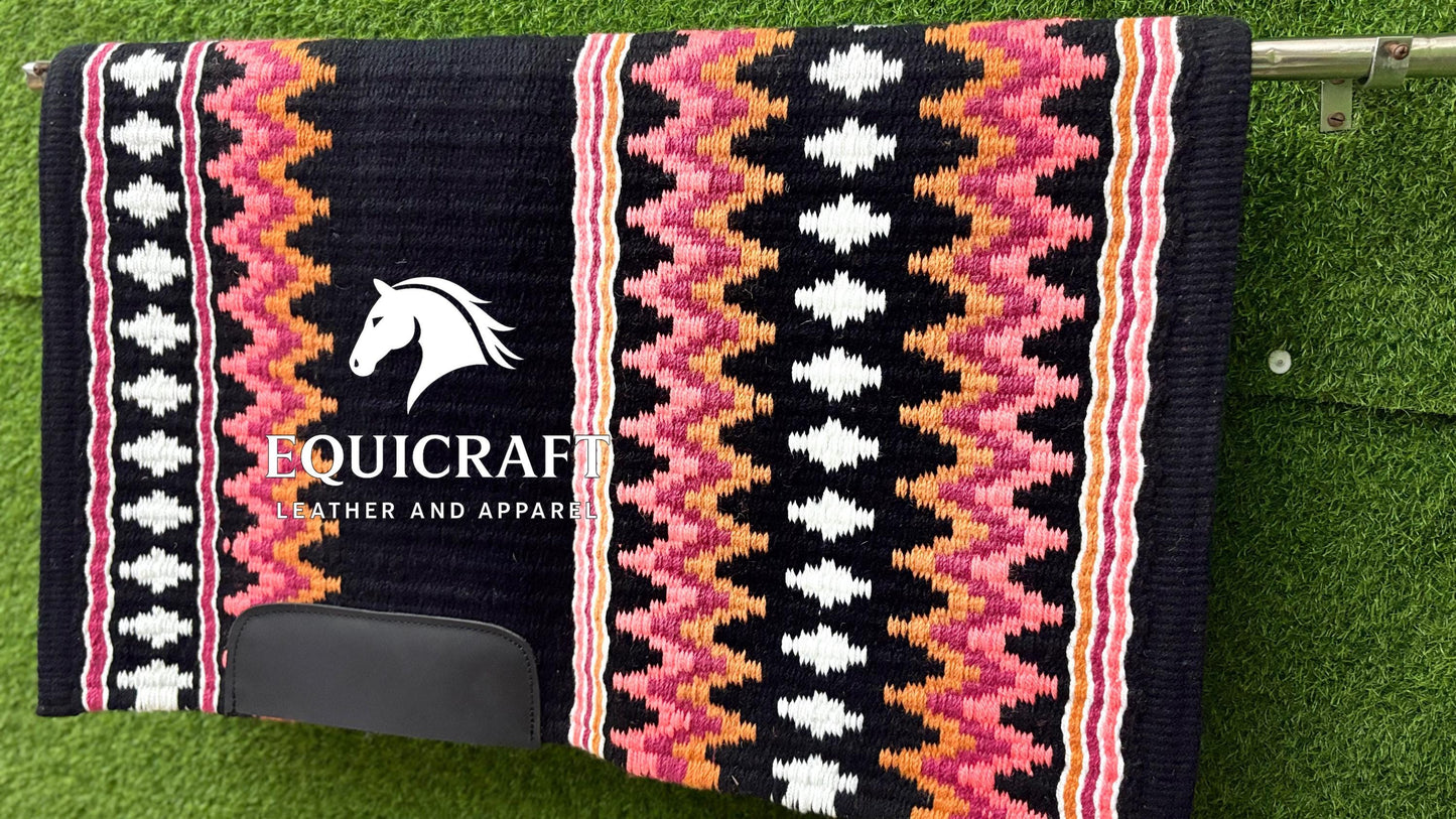 Western Show Saddle Pad | Black Pink Orange White Wool Blanket | Hand-Woven Southwestern Horse Saddle Pad | Barrel Racing Pad
