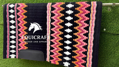 Western Show Saddle Pad | Black Pink Orange White Wool Blanket | Hand-Woven Southwestern Horse Saddle Pad | Barrel Racing Pad
