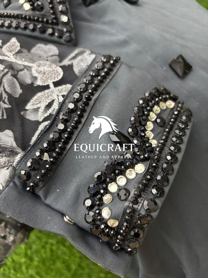 Womens Western Show Shirt | Gray Black Silver Rhinestone Lace Sleeve Showmanship Shirt | Ladies Rodeo Queen Blouse | Horse Show Shirt Gift