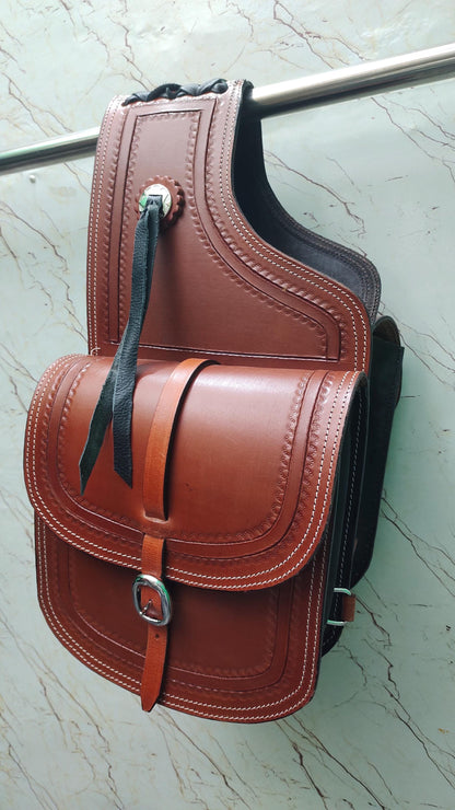 Tan Leather Western Saddle Bag – Border Stamp Concho Horse Trail Bag | Single Buckle Cowboy Riding Tack