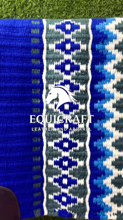 Western Show Saddle Pad | Royal Blue Teal Green White Wool Blanket | Hand-Woven Southwestern Horse Saddle Pad | Trail Pad