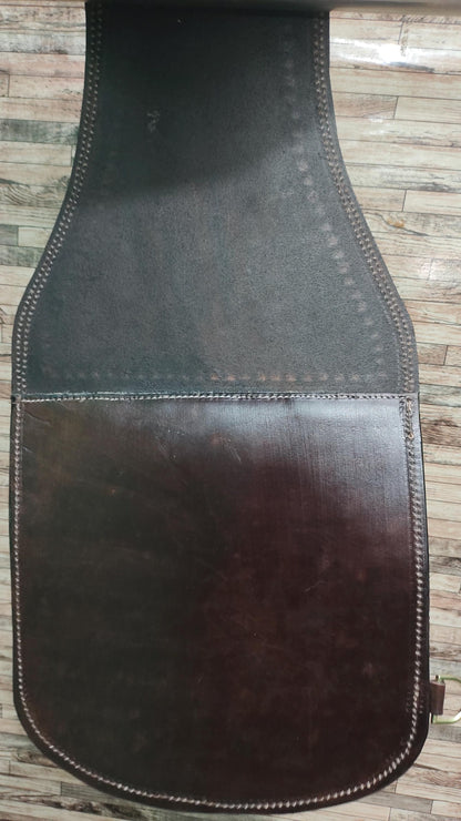 Dark Brown Tooled Leather Western Saddle Bag – Horseshoe Carved Zigzag Border Double Buckle Horse Trail Tack