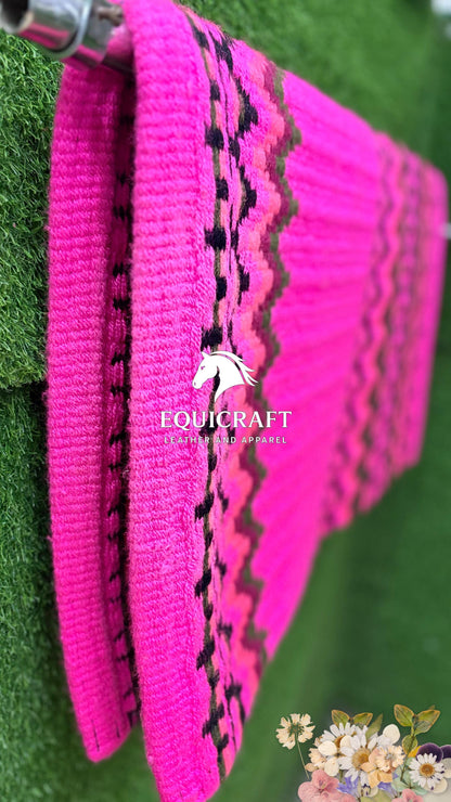 Hot Pink Olive Wool Western Saddle Blanket – Handmade Show Blanket | Horse Pad Barrel Racing Rodeo Tack SIZE 36X42