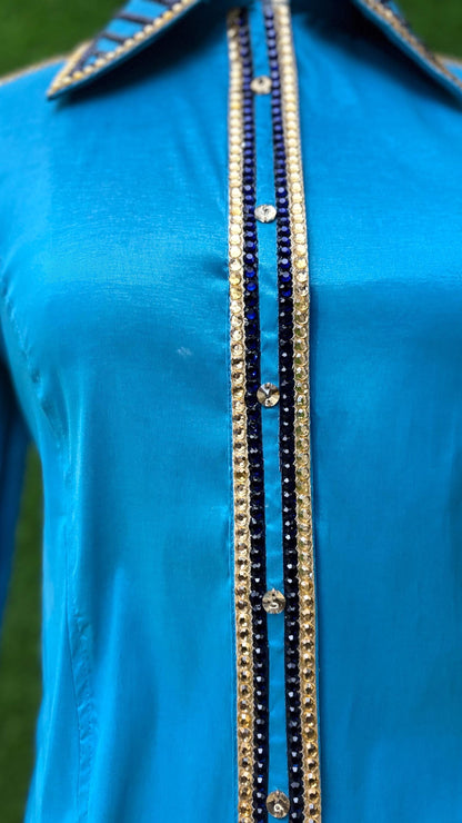 Womens Western Show Shirt | Turquoise Blue Gold Rhinestone Showmanship Shirt | Ladies Crystal Sleeve Rodeo Queen Blouse | Horse Show Shirt