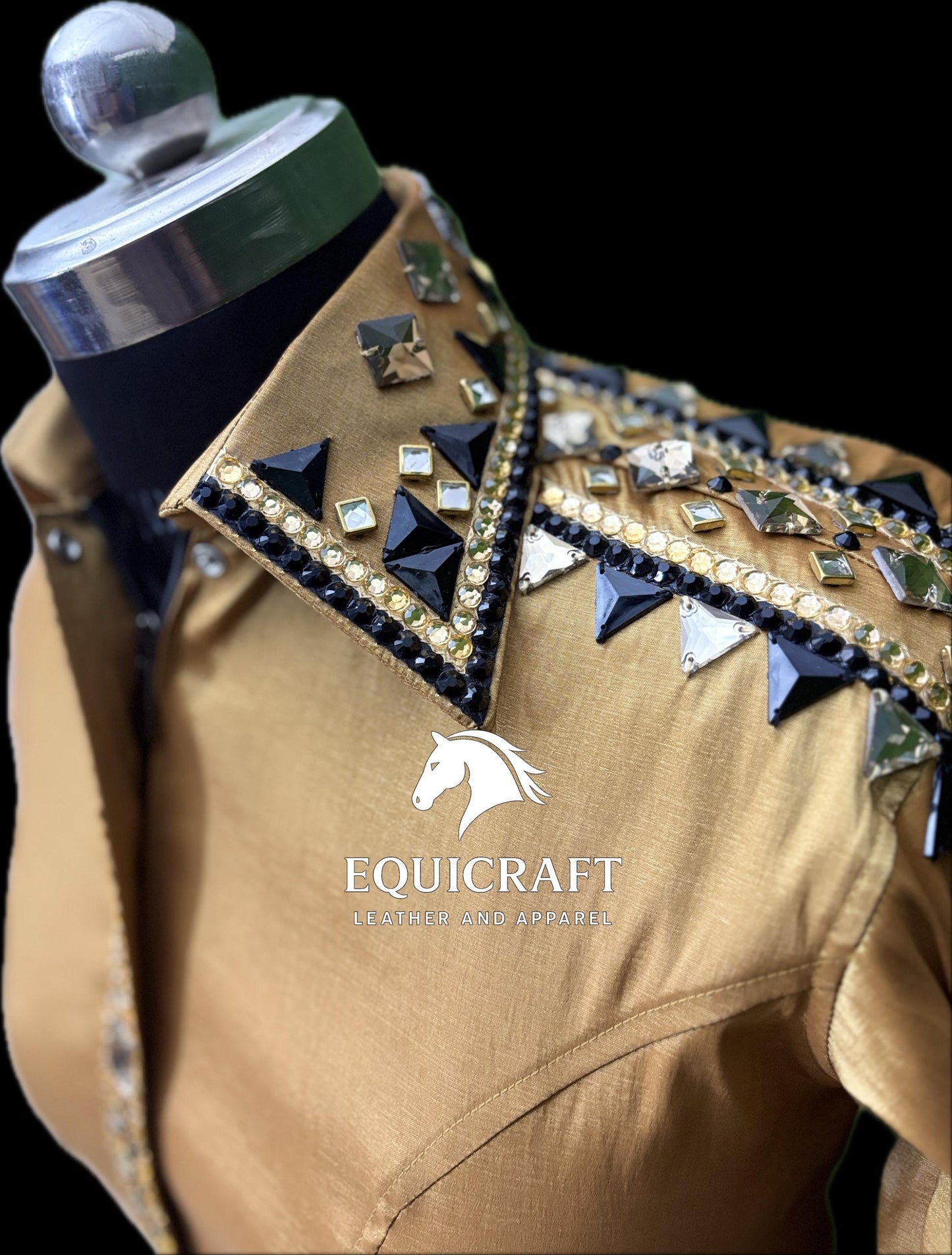 Womens Western Show Shirt | Gold Champagne Black Mirror Rhinestone Showmanship Shirt | Ladies Rodeo Queen Blouse | Horse Show Shirt