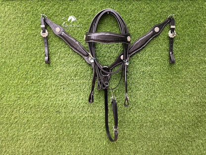 Black Crocodile Print Leather Western Headstall & Breast Collar Set – Crystal Concho Horse Tack | Barrel Racing Rodeo