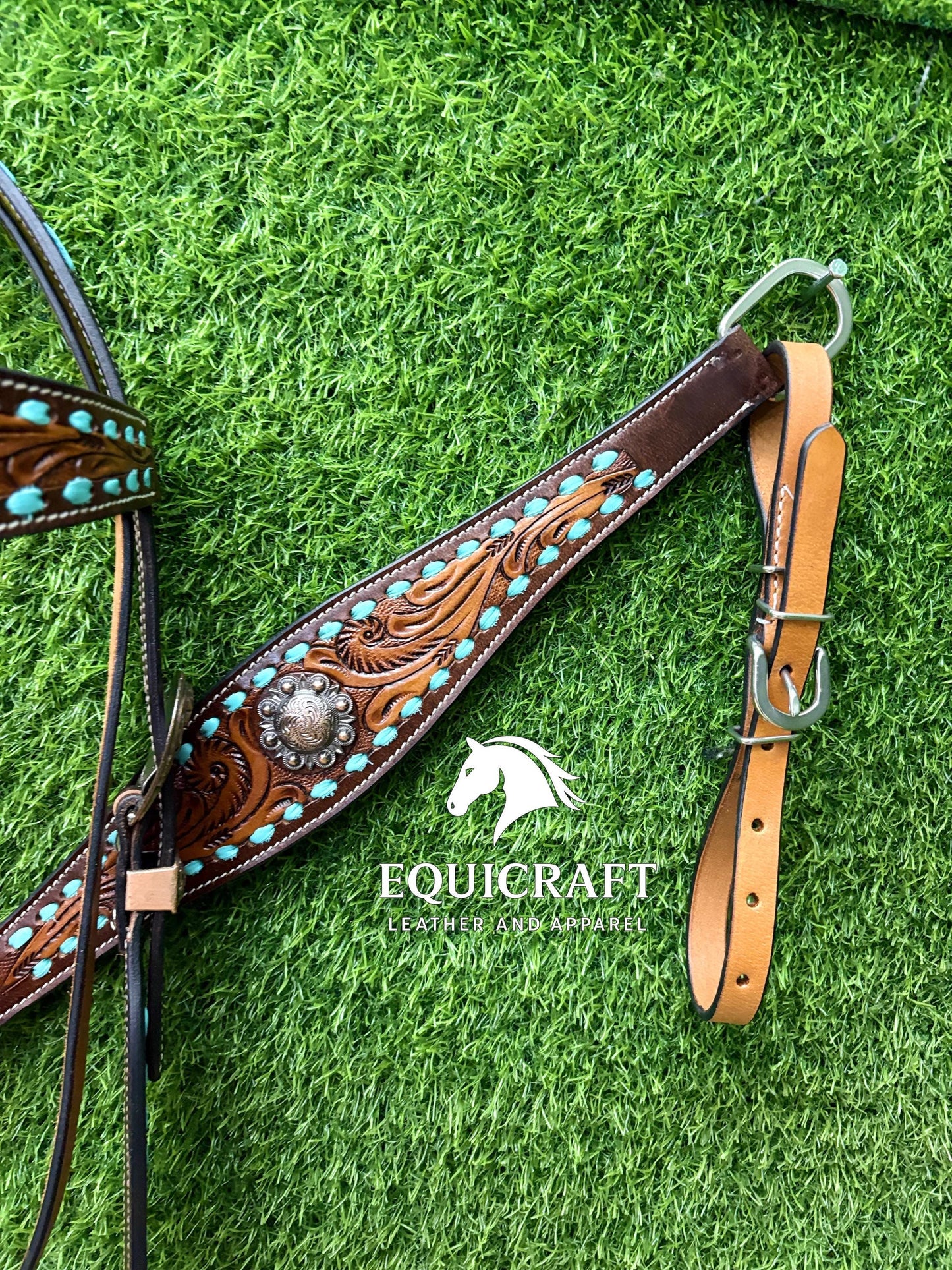 Turquoise Stone Tooled Leather Western Headstall & Breast Collar Set – Silver Concho Horse Tack | Barrel Racing Rodeo