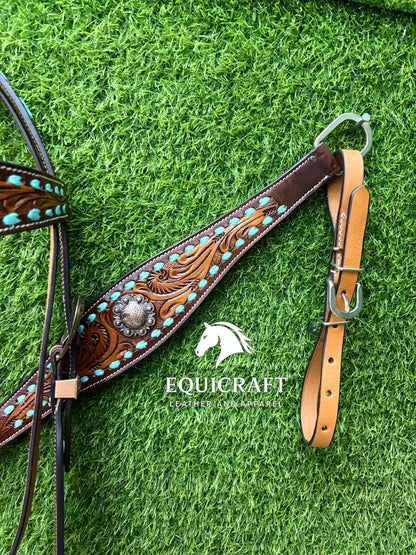 Turquoise Stone Tooled Leather Western Headstall & Breast Collar Set – Silver Concho Horse Tack | Barrel Racing Rodeo